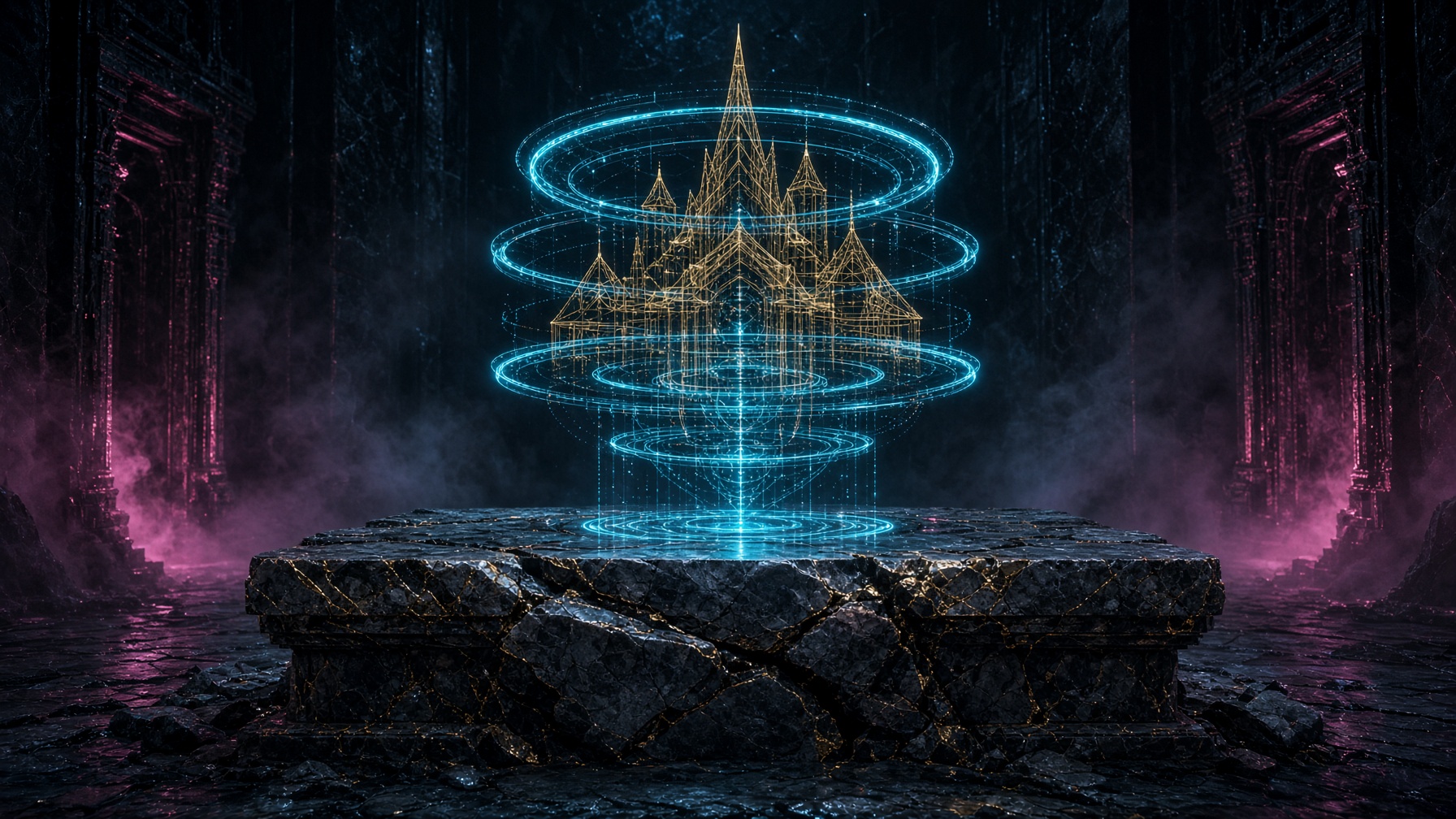 Holographic cyan rings hovering above a cracked marble altar