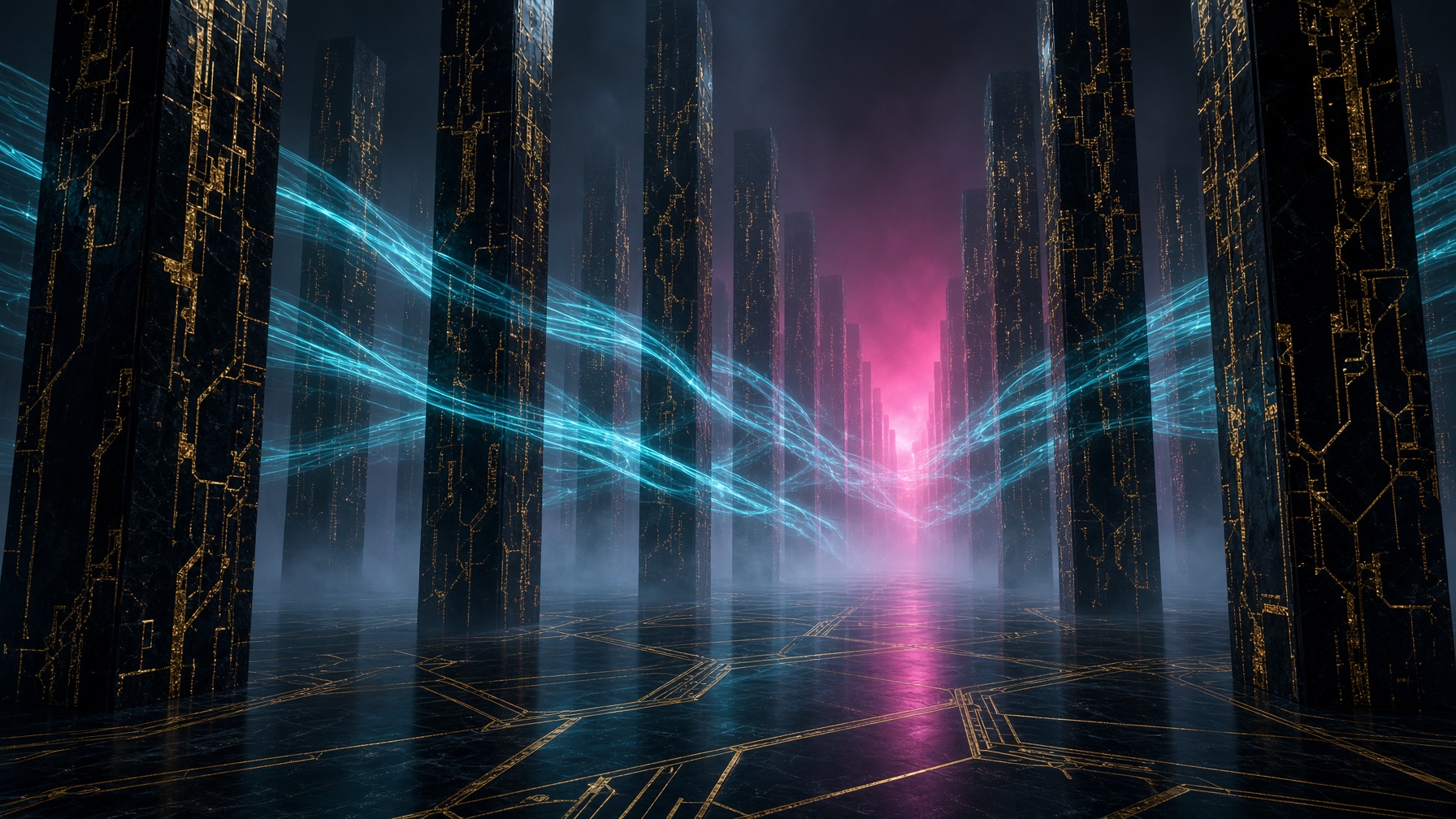 Obsidian colonnade with streams of cyan light running between monoliths
