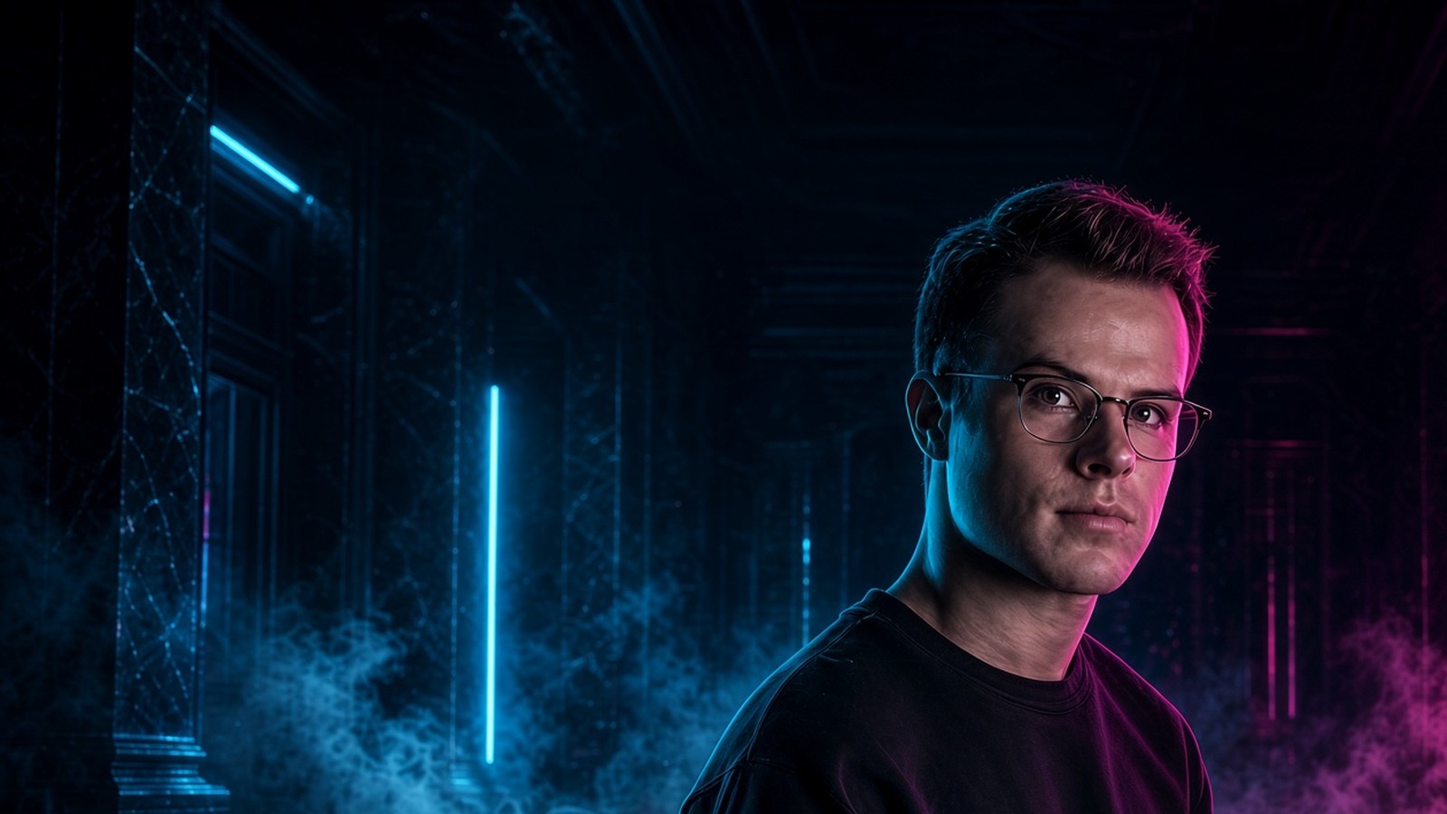 Campaign still for Jordan Dysel — midnight marble hall, cyan and magenta light
