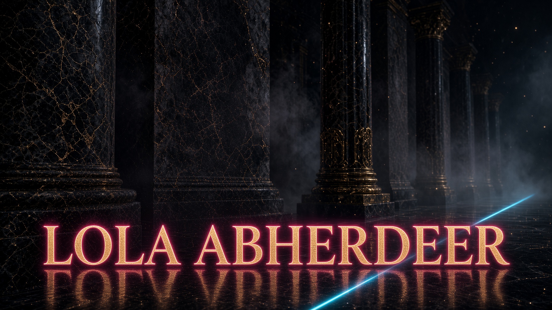 Campaign still for Lola Abherdeer — marble colonnade, pink neon, gold lettering