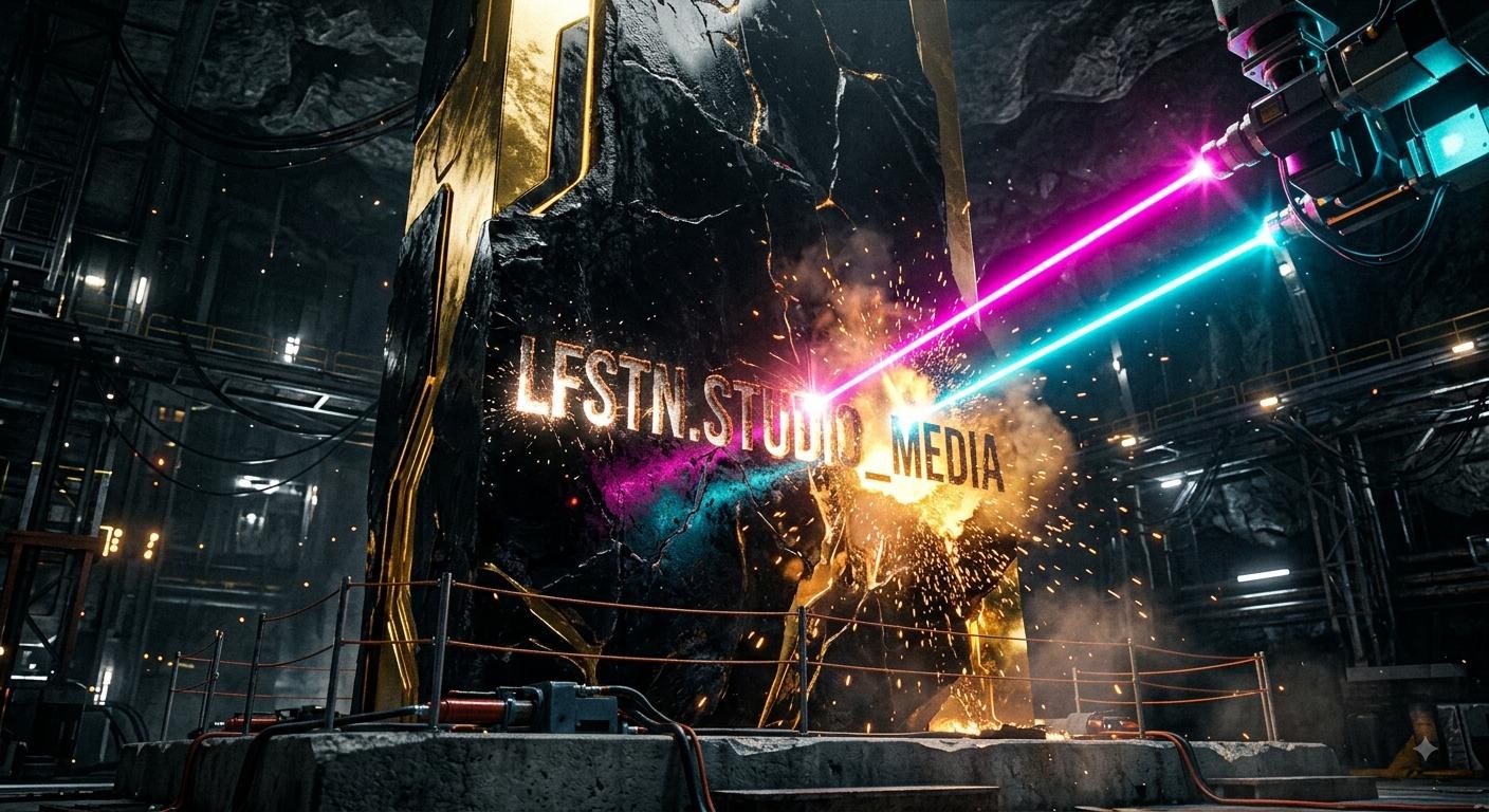 LFSTN.STUDIO MEDIA carved into black stone by pink and cyan lasers