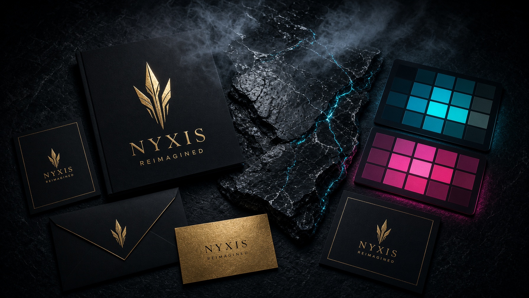 Dark studio table of gold-foil stationery, a black identity book, and neon colour swatches