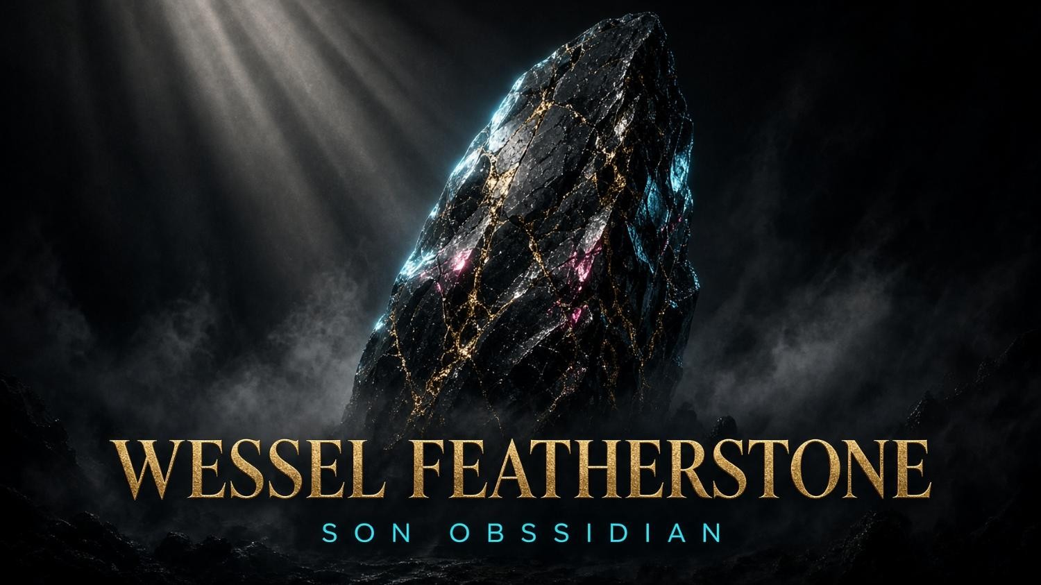 Campaign still for Wessel Featherstone — cracked obsidian monolith and gold type